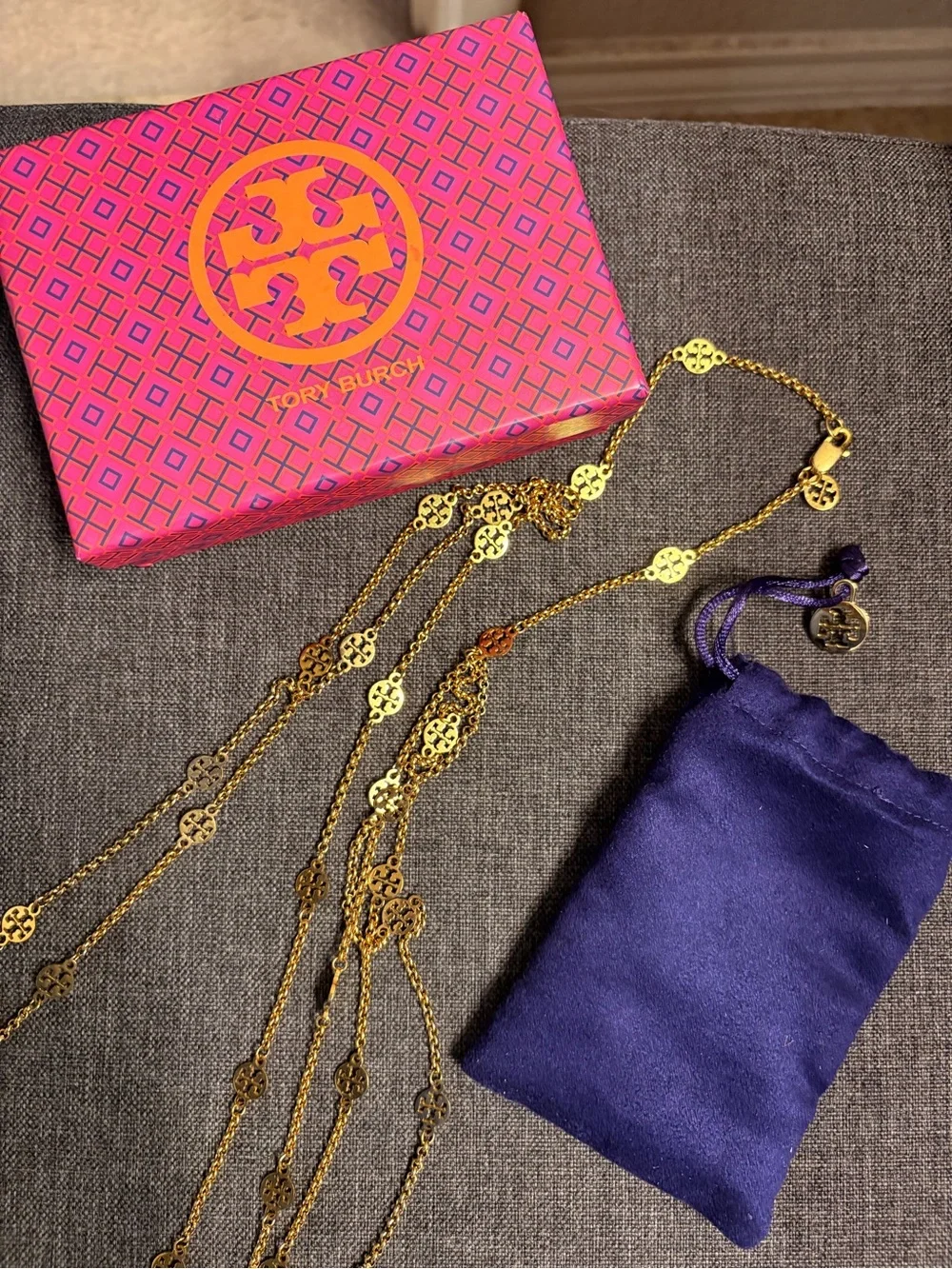 Tory Burch Rosary Logo Station Long Necklace (gold tone).